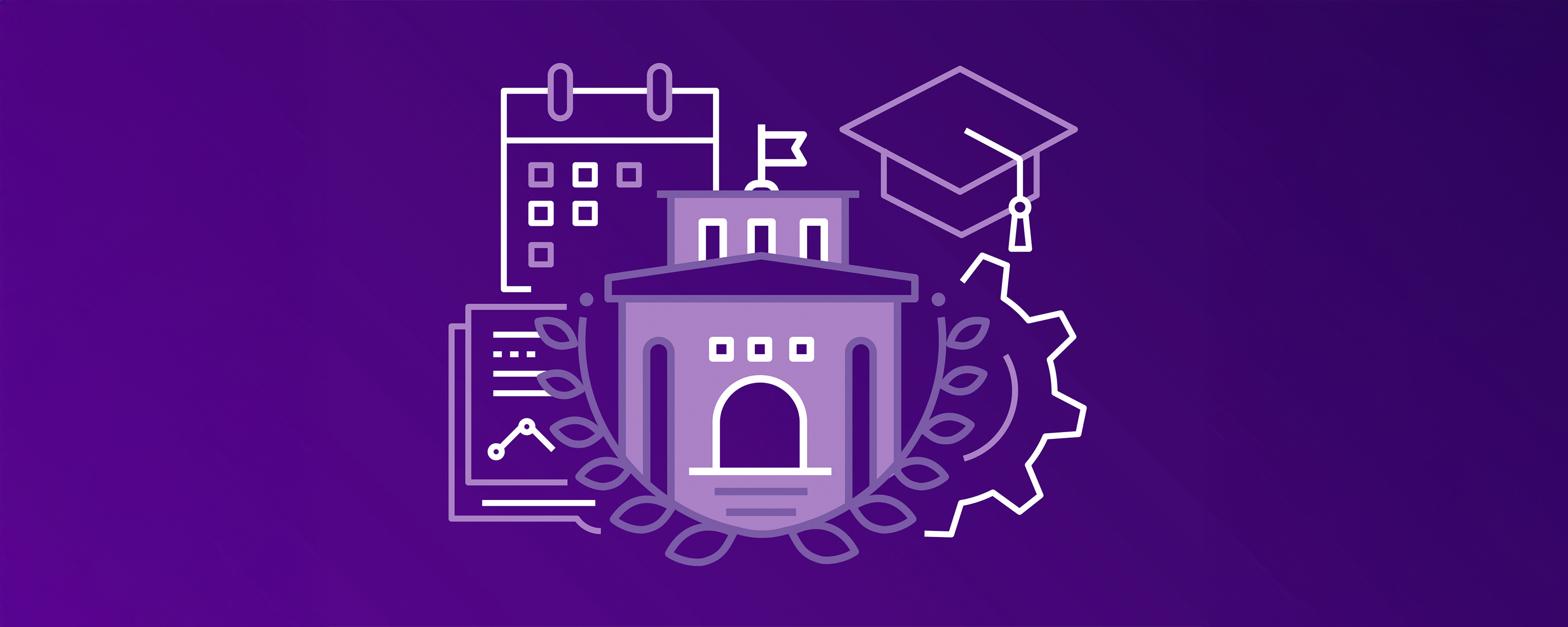 A digital illustration shows a university, a calendar, a graduation cap, and a cog in white and light purple lines on a dark purple background