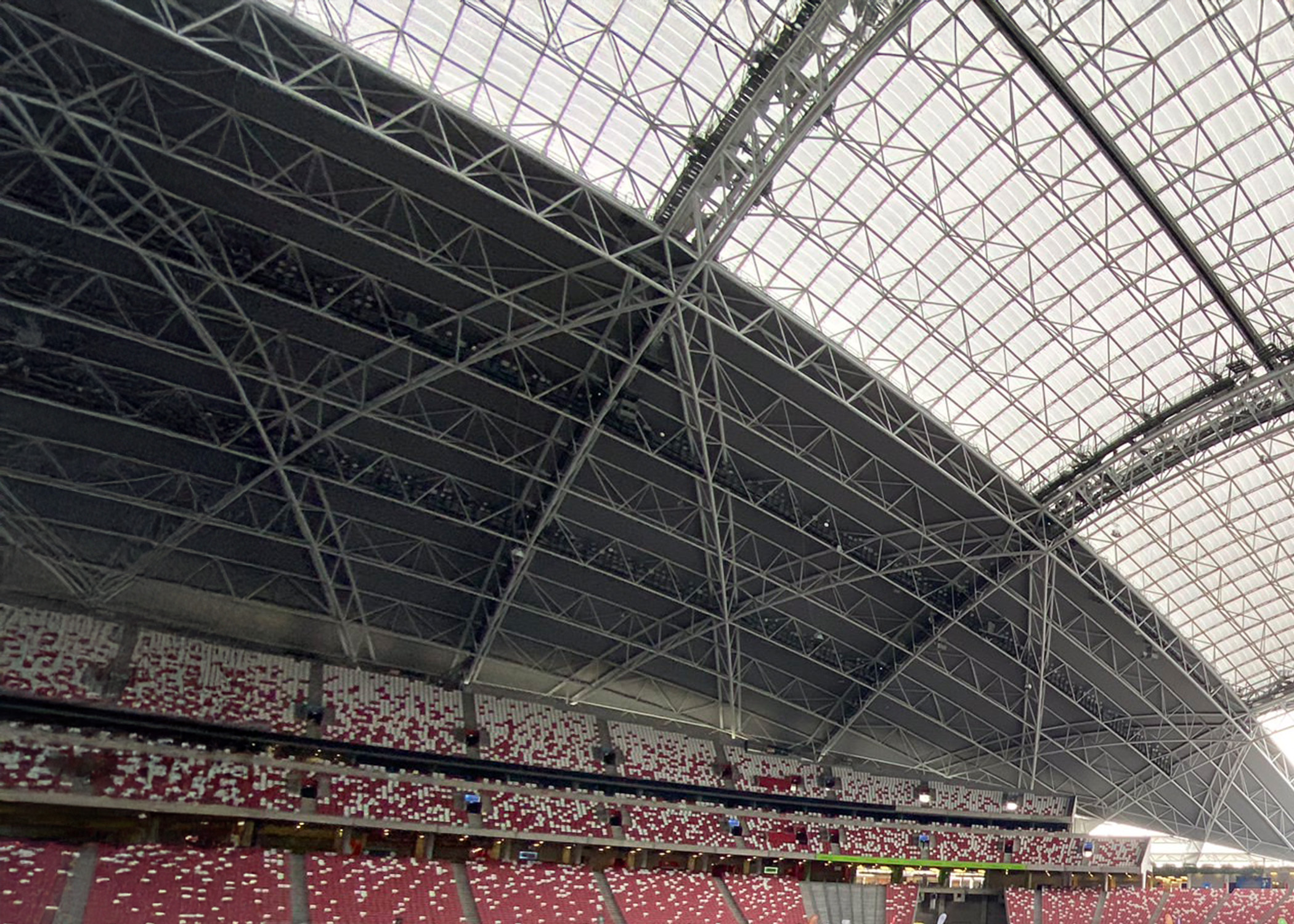 The metal roof of a stadium.