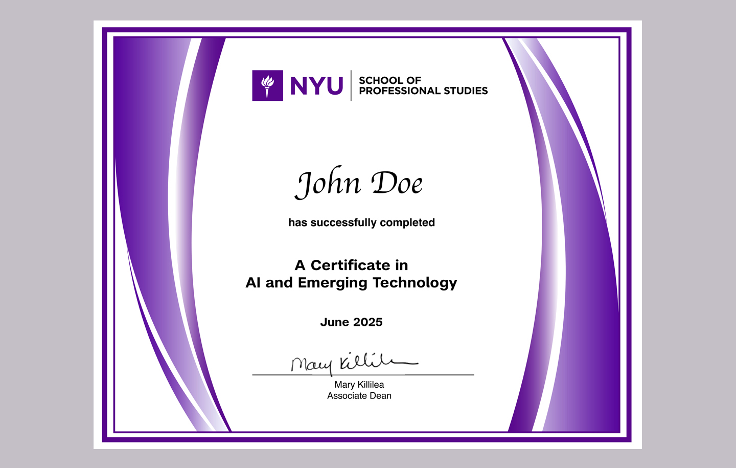 Certificate digital badge of a Certificate in AI and Emerging Technology from NYU SPS for John Doe