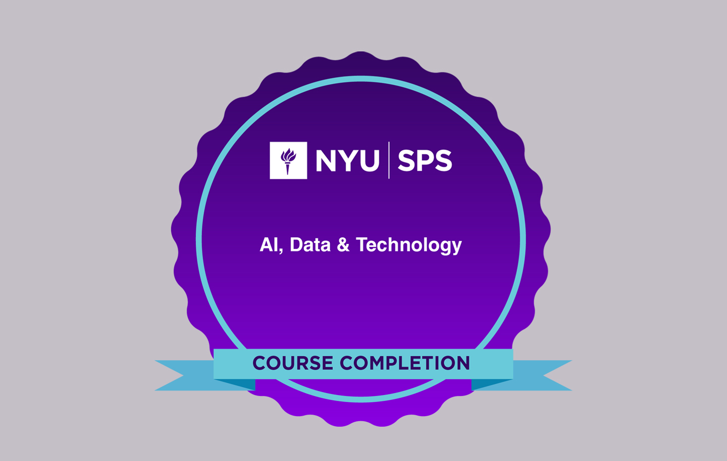 Digital badge for NYU SPS AI, Data & Technology course completion