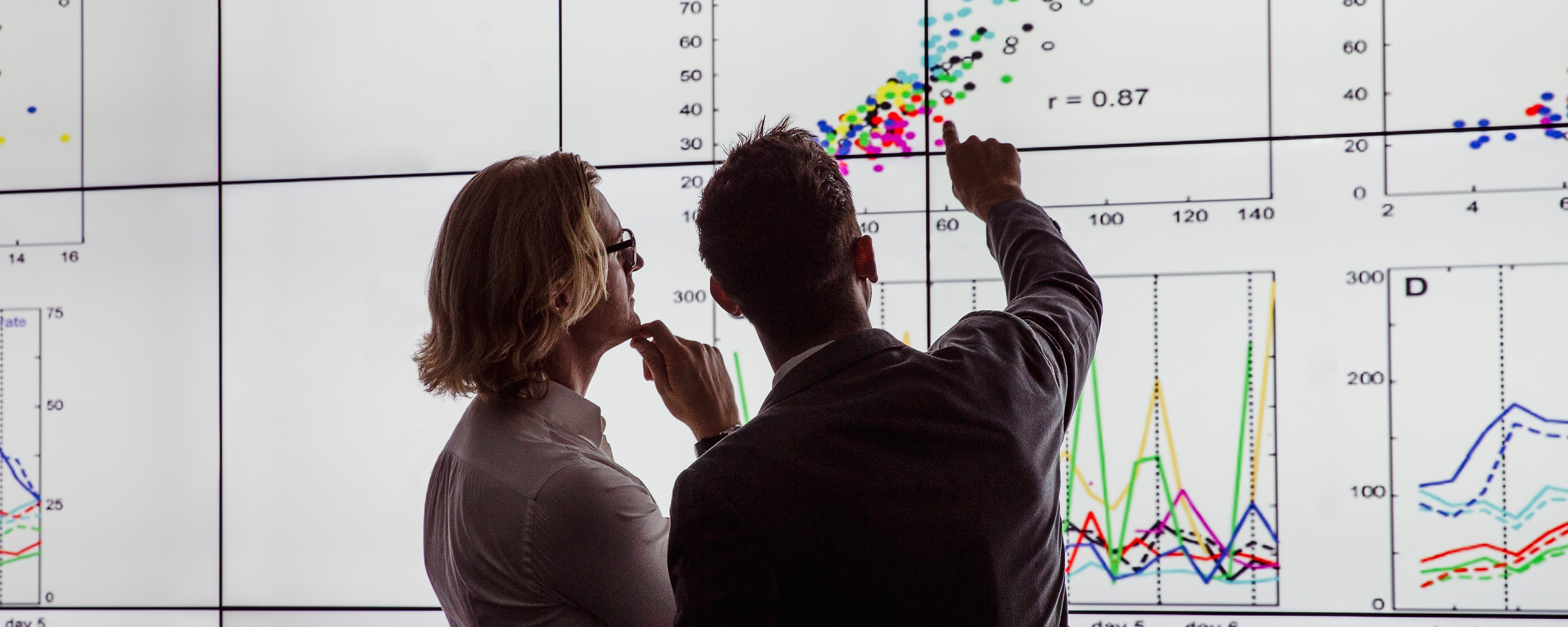 Two men in the Certificate in Data Visualization program assess a digital graph projected onto a wall.